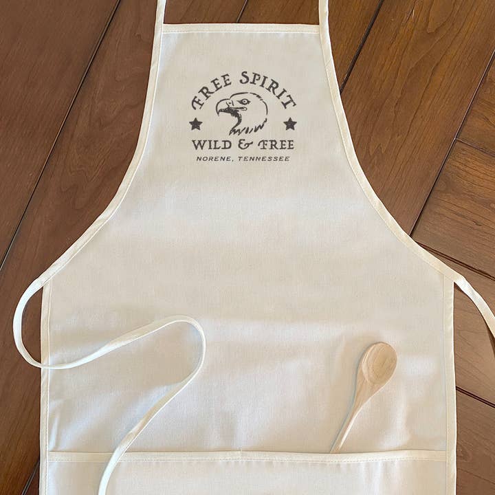 Free Spirit w/ City, State - Custom Women's Apron for wholesale by North & Pine