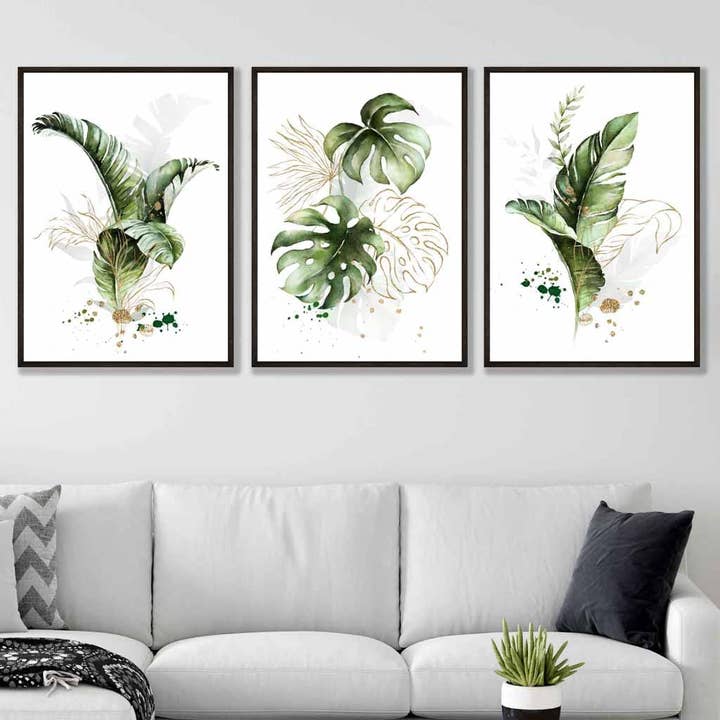 Botanical Set of 3 Green and Gold Floral Wall Art Prints for wholesale by Artze Wall Art