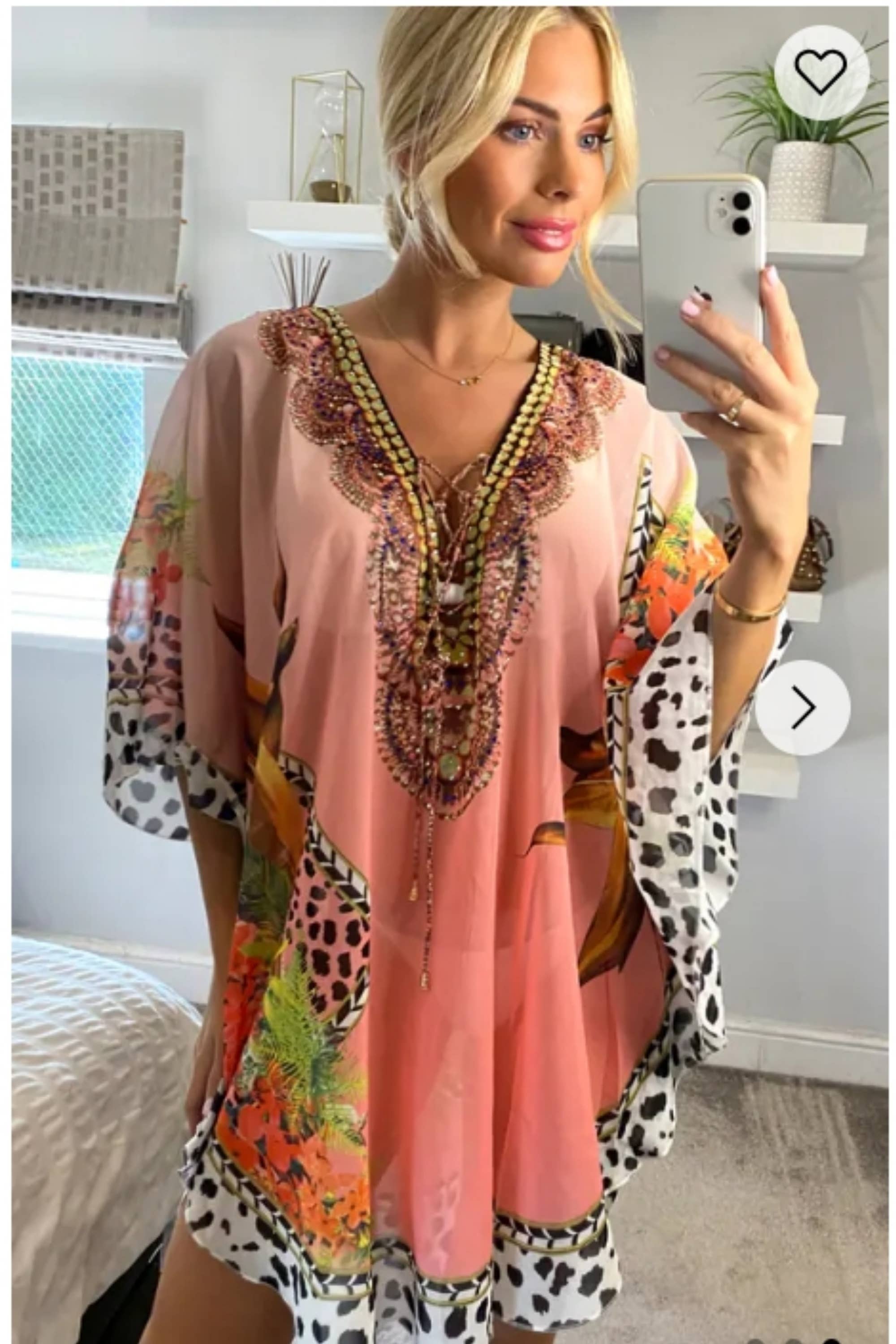 CY FASHION. LONDON – Engroshandel Kaftan - Dame – Chiffon kaftan top med leopardtørklæde i lyserød0