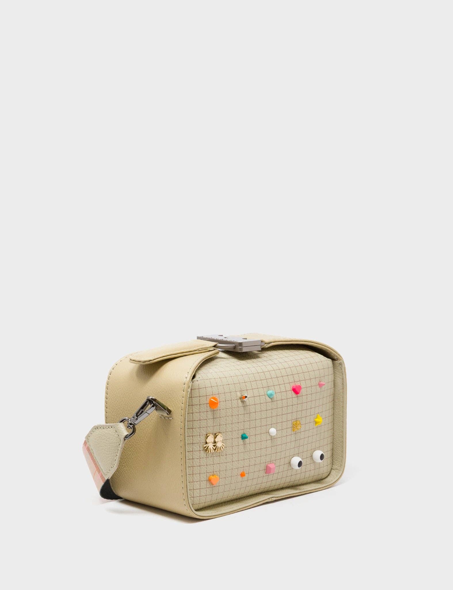 Min & Mon - Wholesale Crossbody Bag - Women's - Benji Micro Crossbody Gravel Beige Leather Bag - Studs Pattern