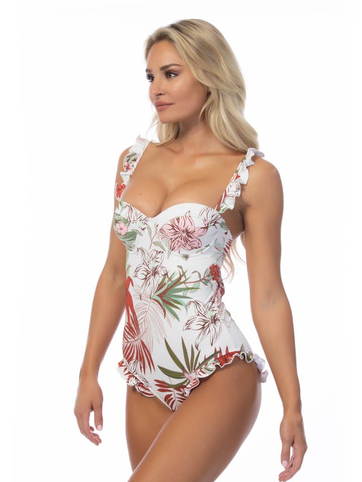 522003-TROPICAL RUFFLE TRIM UNDERWIRE ONE PIECE SWIMSUIT for wholesale by Pick Pink