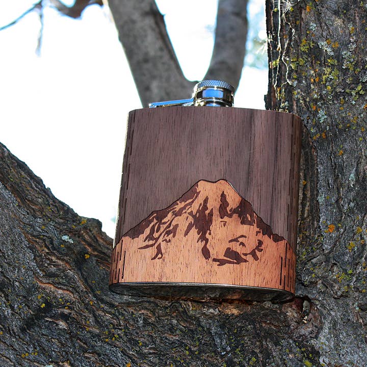 WUDN Handcrafted - Wholesale Flask - 6 oz. Wooden Hip Flask (Mt. Rainier in Mahogany & Black Waln2