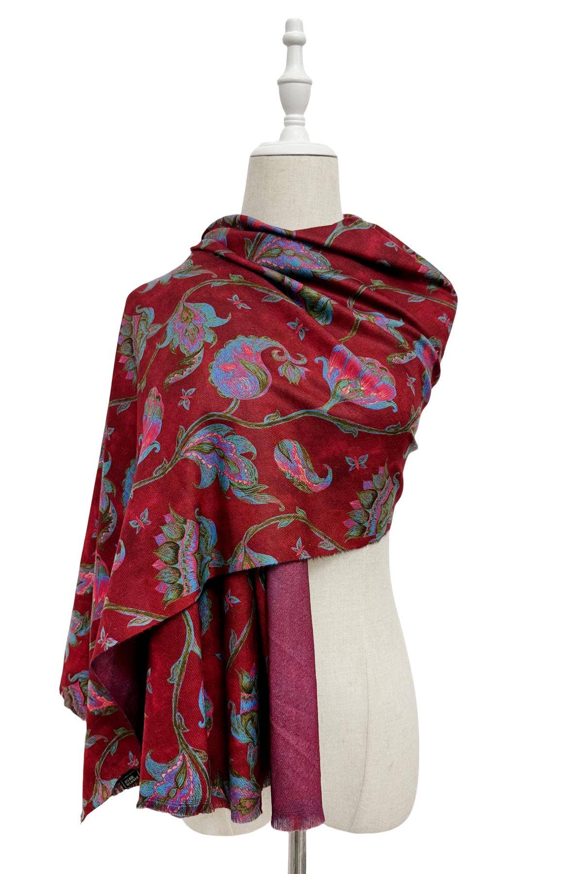 Burgundy Paisley Floral & Butterfly Print Wool Frayed Scarf for wholesale on Faire