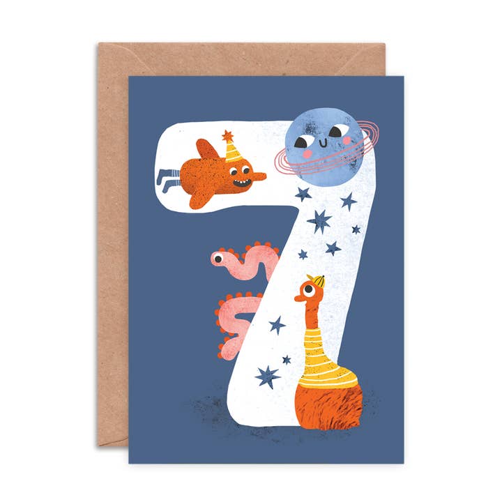 Age Seven Crazy Critters Greeting Card | Kids Birthday Card for wholesale by Emily Nash Illustration Greeting Cards