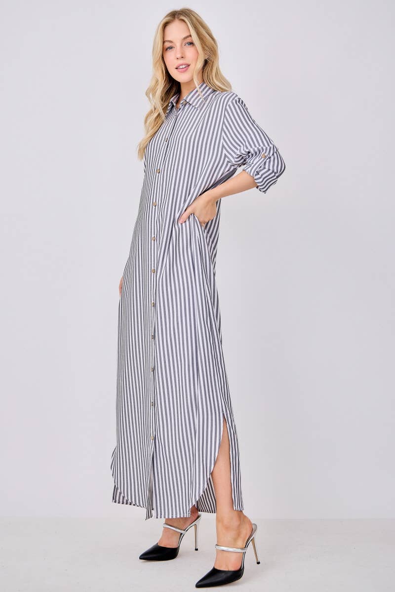 Peace Love Line – wholesale Dress – Women's – SLI3048 - STRIPED BUTTON DOWN SHIRT MAXI DRESS7