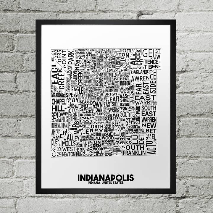 Indianapolis Indiana Neighborhood Typographic Map Print for wholesale by Damon D Chan