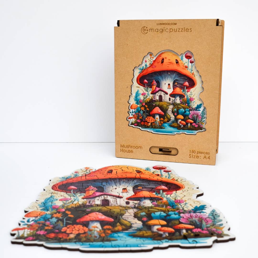 Lubiwood – Engroshandel Puslespil - Voksen – Mushroom House puslespil i træ A4 i premium æske6