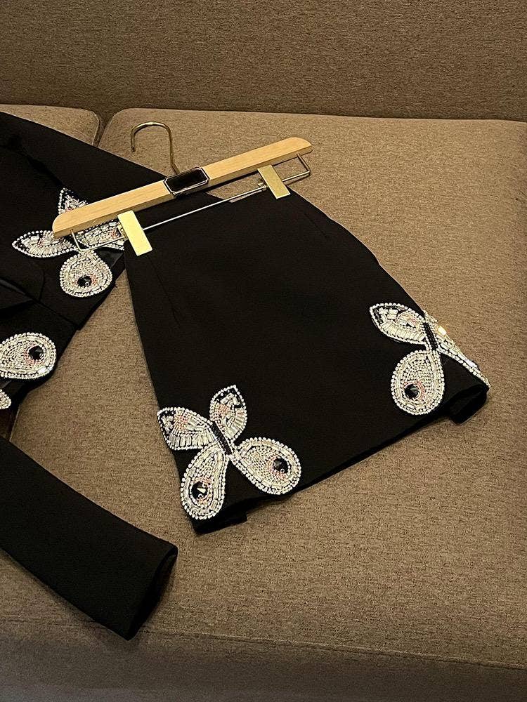 Sanyao Fashion - Wholesale Suit Set - Women's - SY396 Pink Suit with Diamond Bow Decor and Short Hip Skirt 6