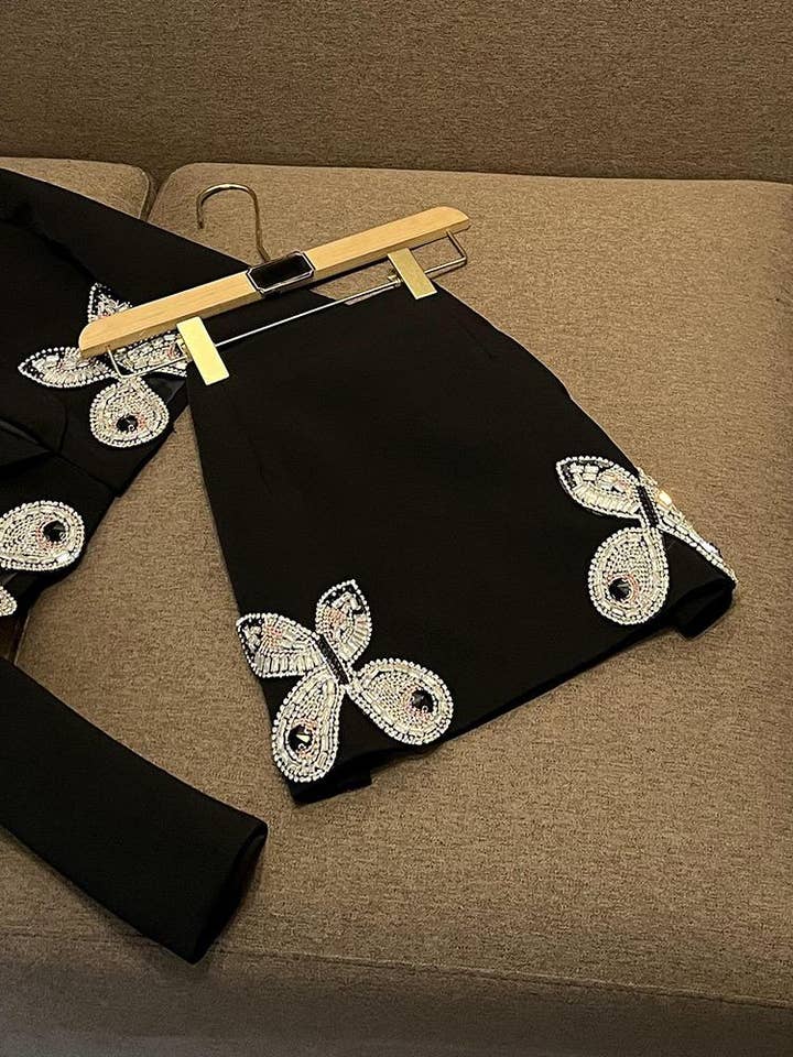 Sanyao Fashion - Wholesale Suit Set - Women's - SY396 Pink Suit with Diamond Bow Decor and Short Hip Skirt 6