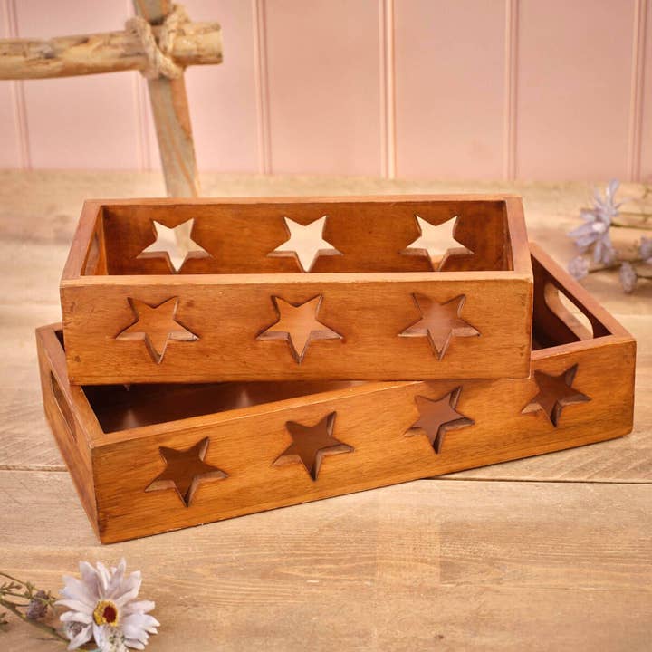 Langs - Wholesale Decorative Tray - Mango Wood Set of 2 Star Cut Out Slim Tray