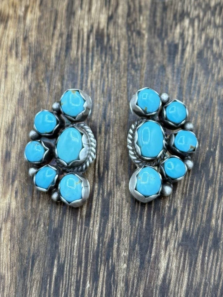 Navajo Handmade Sterling Silver Kingman Turquoise Half Cluster Post Earrings for wholesale by Native City Jewelry