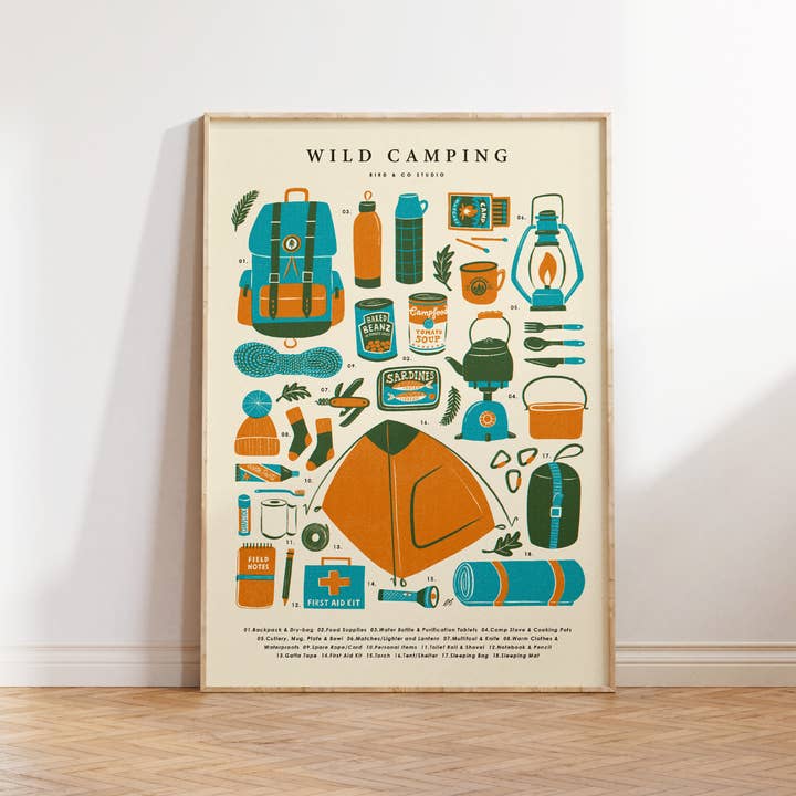 Wild Camping Kit Essentials | Retro Adventure Art Print for wholesale by Bird & Co Studio