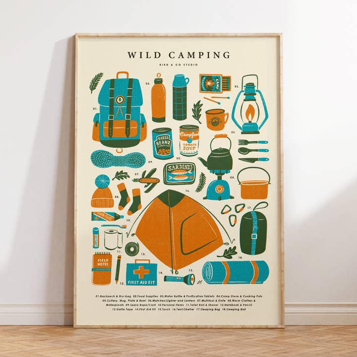 Kit essentiel pour camping sauvage | Illustration d’aventure rétro pour la vente par Bird & Co Studio