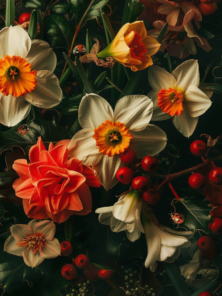 Barok Påskeliljer og Mariehøns 8"x10" Blomsterkunsttryk til 11"x14" Ramme for engroshandel hos Mowbi