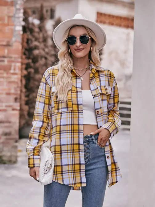 Lovesoft - Venta al por mayor Camisa con botones - Mujer - camisa a cuadros holgada de gran tamaño de moda casual amarilla