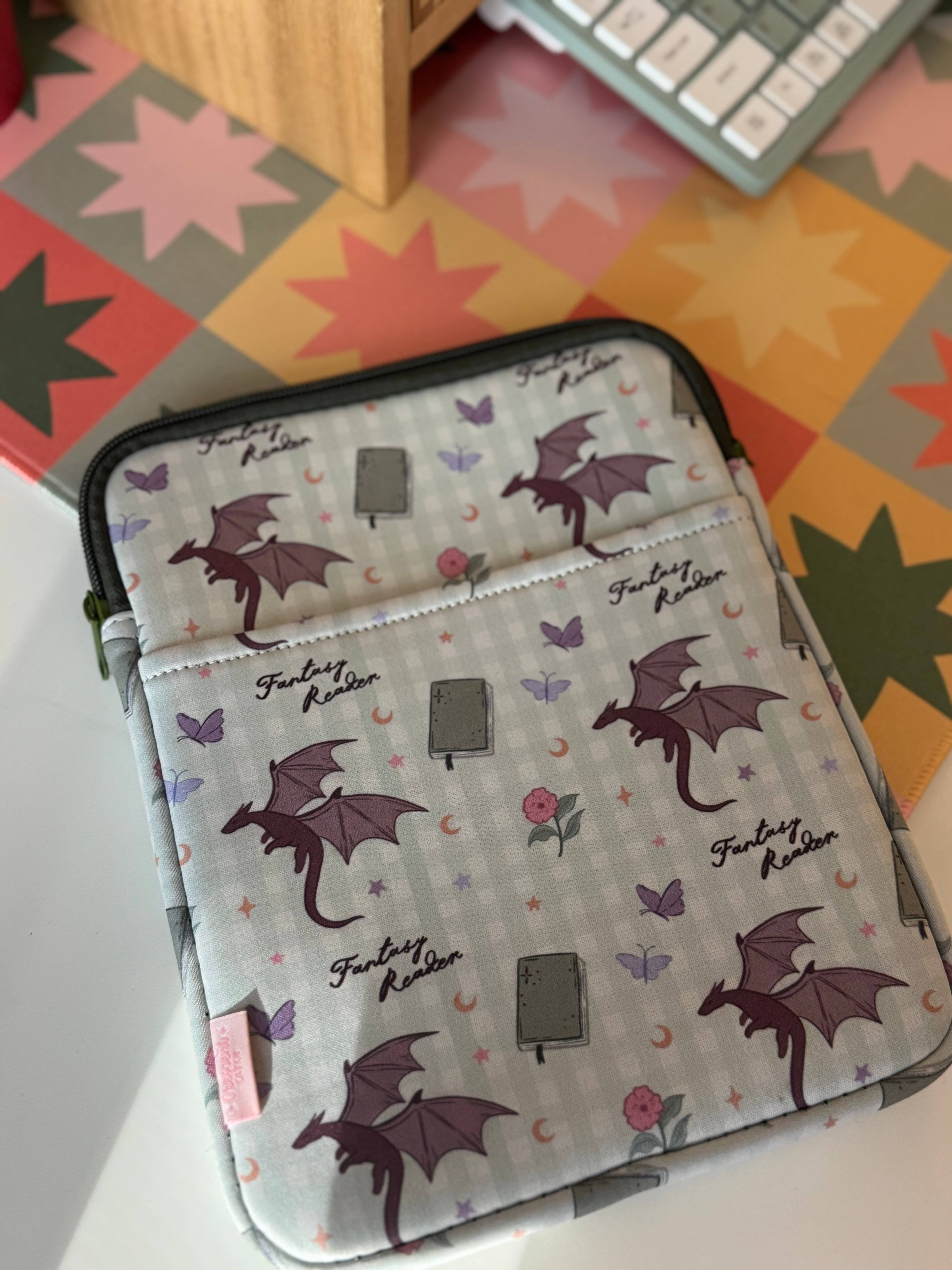 CrescentCatCo - Wholesale Pouch - Women's - Fantasy Reader Gingham Dragon Book & Kindle Sleeve Pouch 1