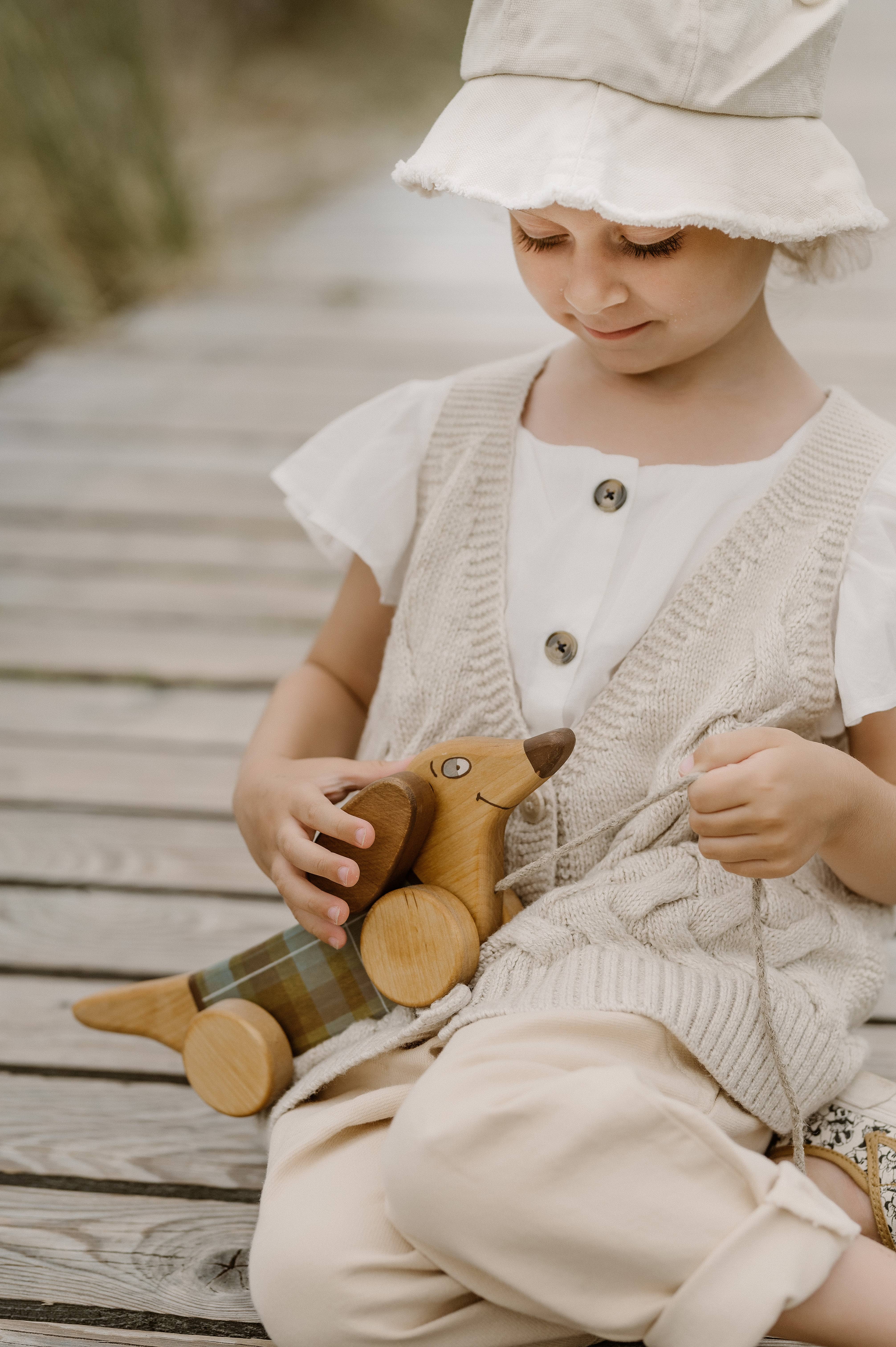 Friendly Toys - Wholesale Wood Toy - Kids - Handcrafted Birch Wood Green Sausage Dog Pull Toy 3