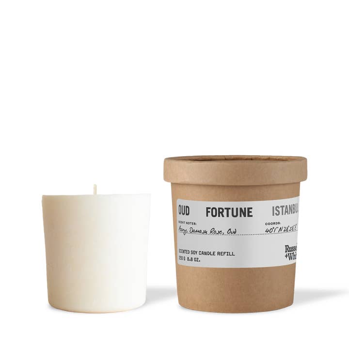 Recarga de Vela Perfumada de Soja Oud Fortune 250g por atacado de Russell + White