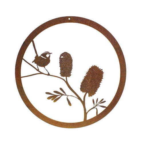 Banksia and Wren Round Metal Garden Wall Art for wholesale by Overwrought