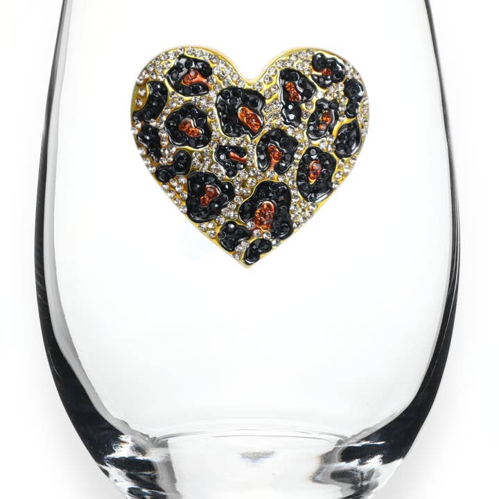 The Queens' Jewels® - Wholesale Wine Glass - Leopard Heart Jeweled Stemless Wine Glass