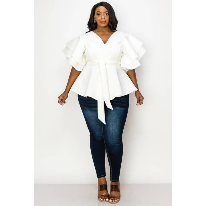 DORCAS - Wholesale Blouse - Women's - PLUS SHORT RUFFLE SLEEVE V NECK TOP WITH WAIST TIE