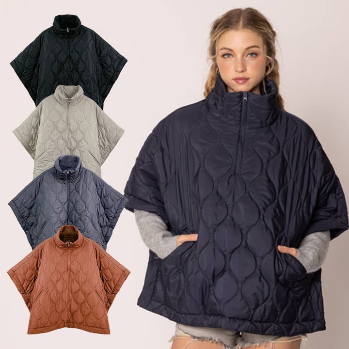Fashion City – wholesale Poncho – Women's – Stand Up Collar Quilted Cape Poncho Jacket