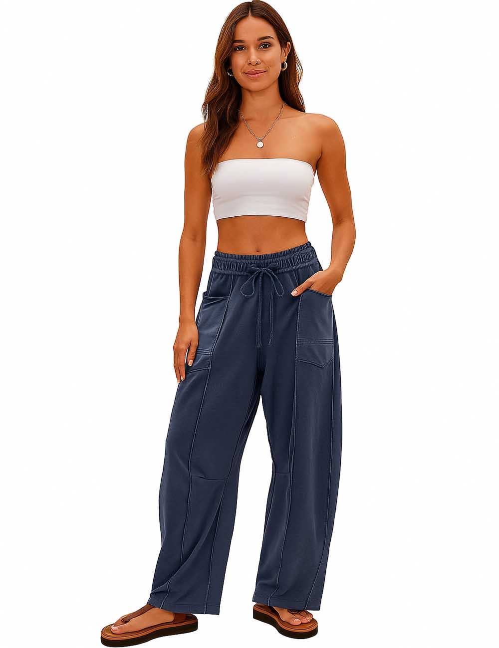 Sweetkama - Wholesale Pants - Women's - Ladies Contrast Stitching Elastic Waist Drawstring Barrel Pants13