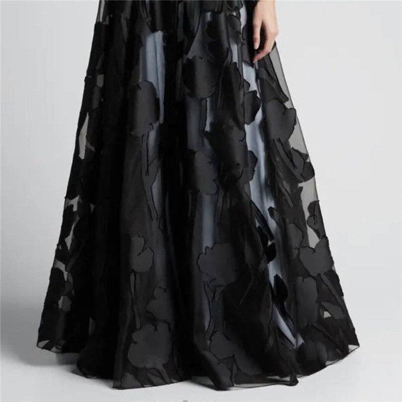 BLACK Solid Color Semi-Transparent Long Sleeves Midi Dress for wholesale on Faire2