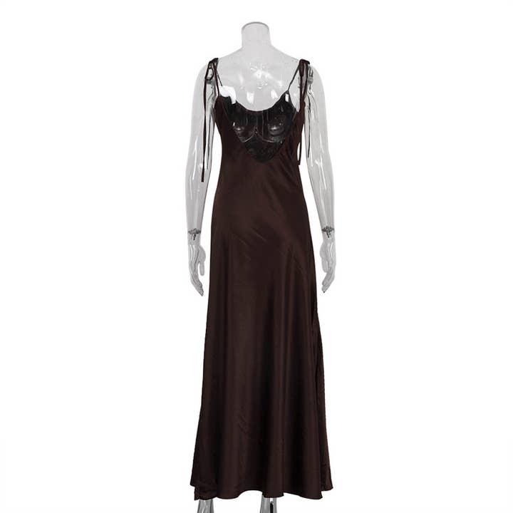 Brown open back sexy slip maxi dress with bow tie straps for wholesale on Faire1