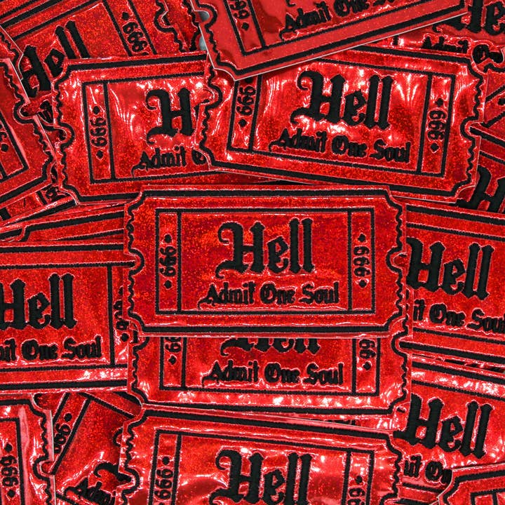 Project Pinup – Großhandel Aufnäher – Gothic-Patch „Holo Hell Admit One Soul 666“, glitzernd, rot2