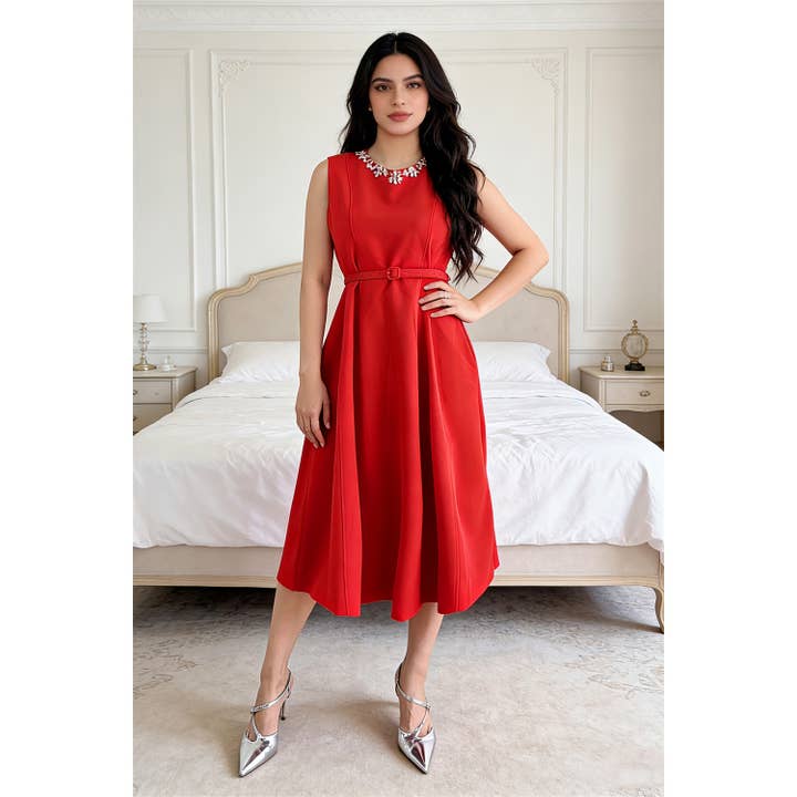 X0551LD Sleeveless Belted Midi Dress for wholesale by XHHH Inc
