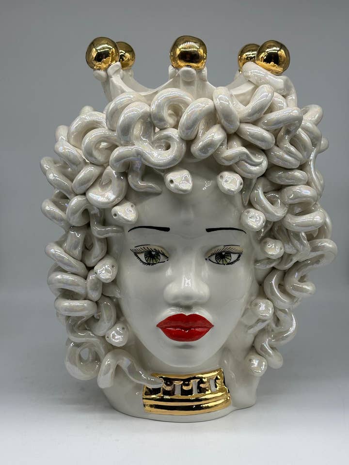 Mythological Medusa Head "Luxury Mother-of-Pearl" Caltagirone Ceramic H 40 cm W 30 cm Handmade for wholesale by DD Ceramiche Siciliane