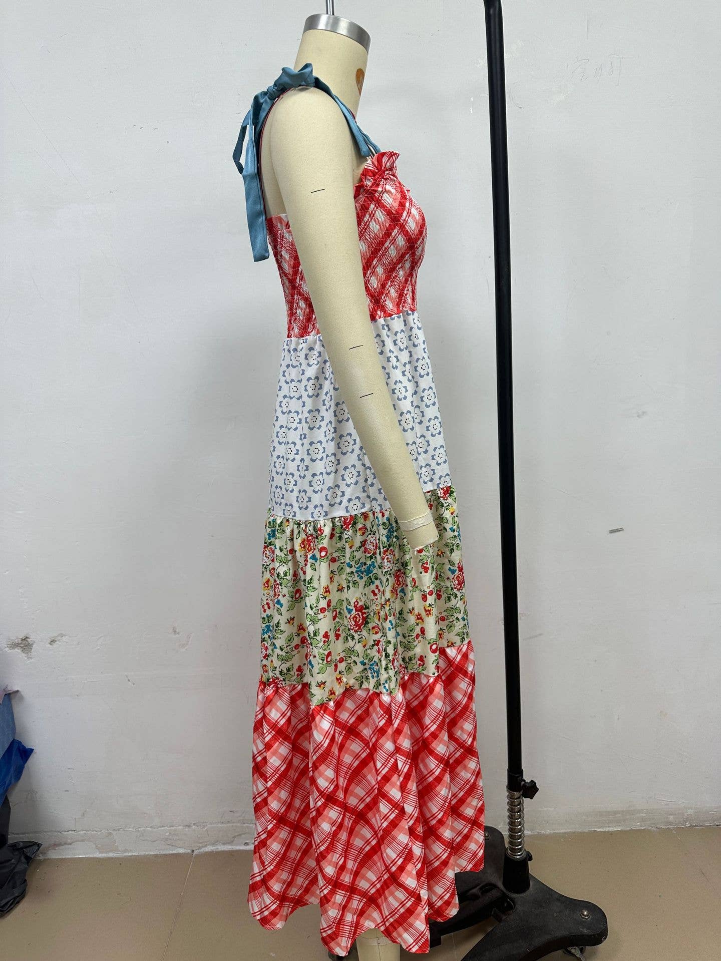 Rosa Clothing - Wholesale Dress - Women's - Gingham Floral patchwork playful bow strap tiered maxi dress1