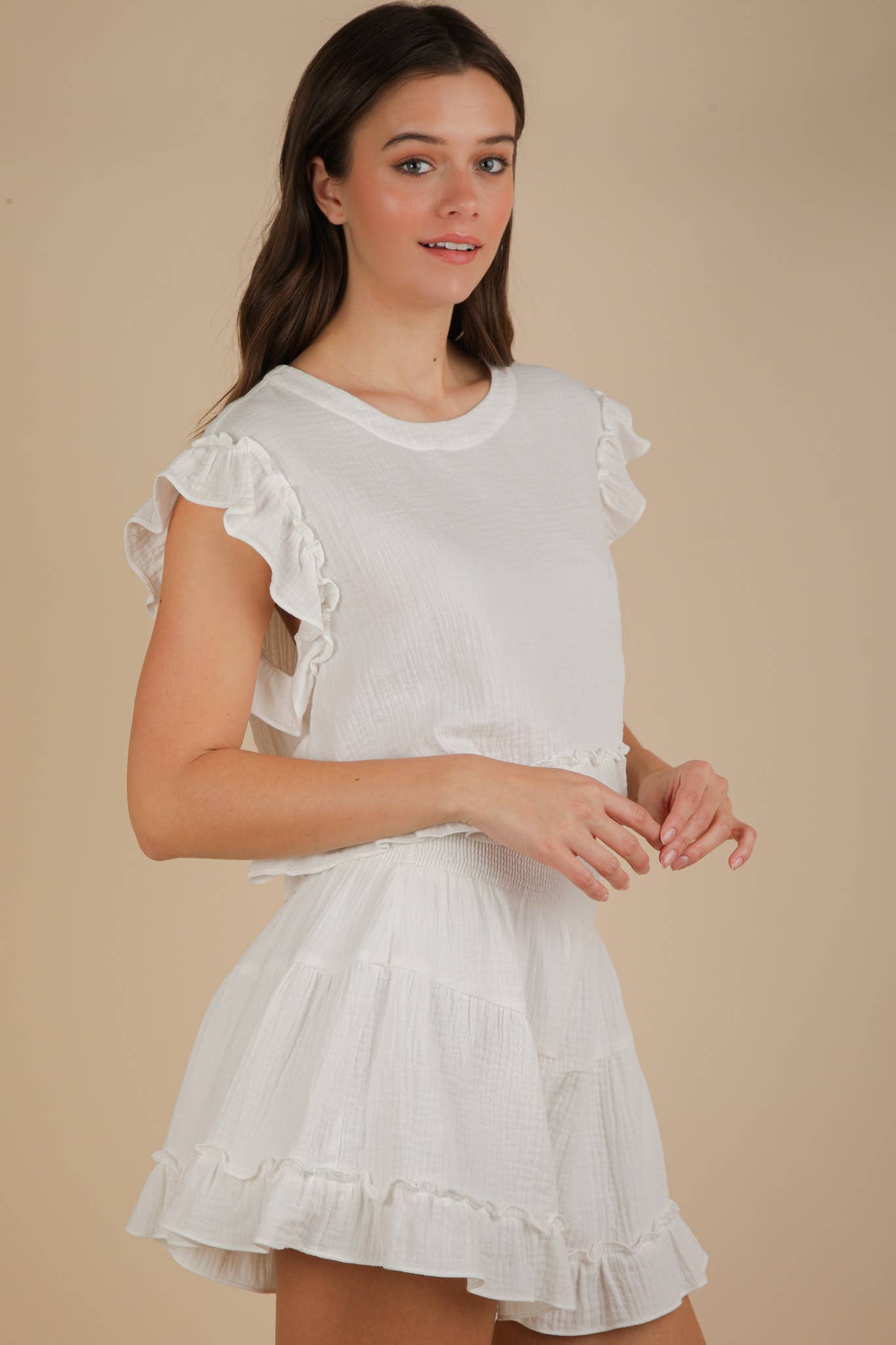 VERY J - Wholesale Top & Short Set (NOT Loungewear) - Women's - NT12150SET-Ruffled Solid Woven Top & Shorts Set23