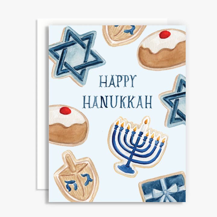 Happy Hanukkah Cookie Aquarell-Grußkarte für den Großhandel von The Scribblist