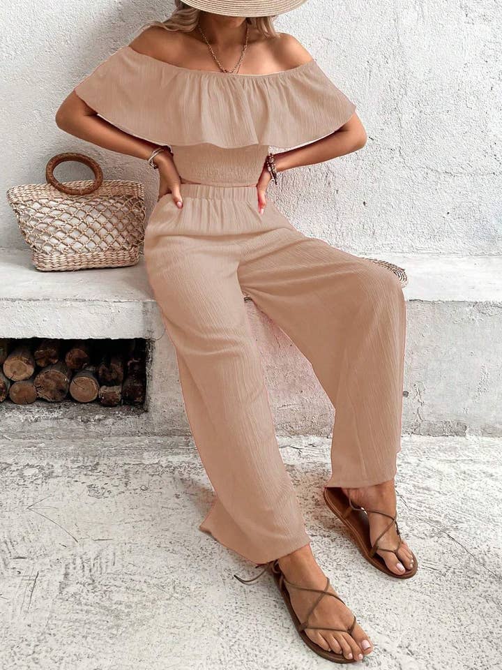 Flarix - Wholesale Top & pants set (NOT Loungewear) – Women's - off shoulder ruffle trim crop top wide leg pants9