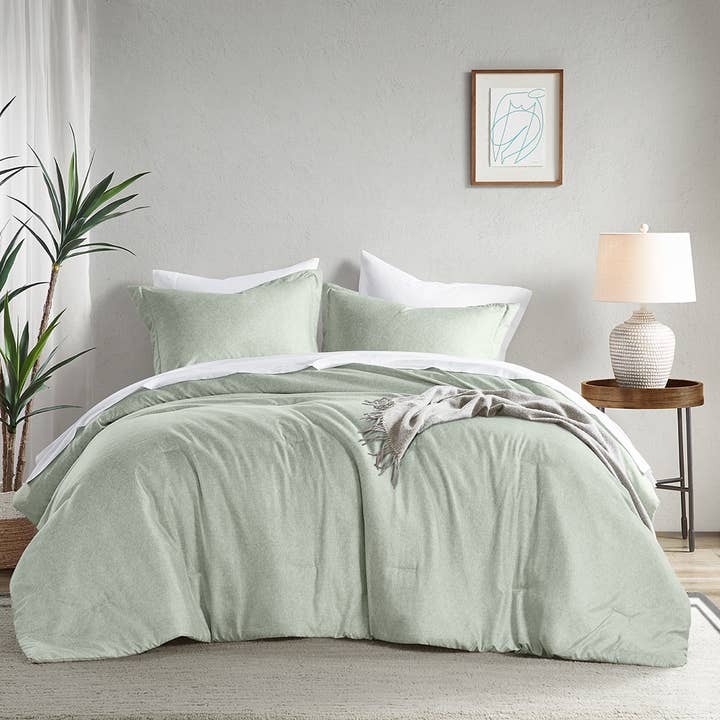 Chambray Denim Inspired Comforter Set, Sage Green for wholesale by Olliix