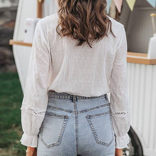White Ruffled Trim Cutout Lace Floral Blouse for wholesale on Faire