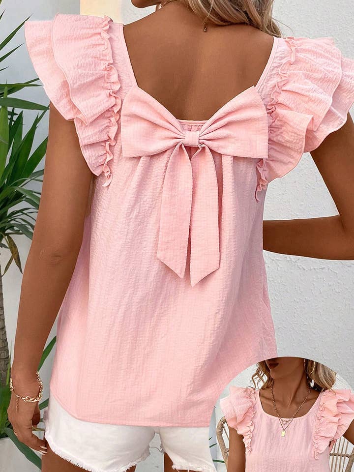 Our Home to Yours Candles & Gifts - Wholesale Blouse - Women's - Gossamer Pink Textured Bow Knot Butterfly Sleeve Blouse