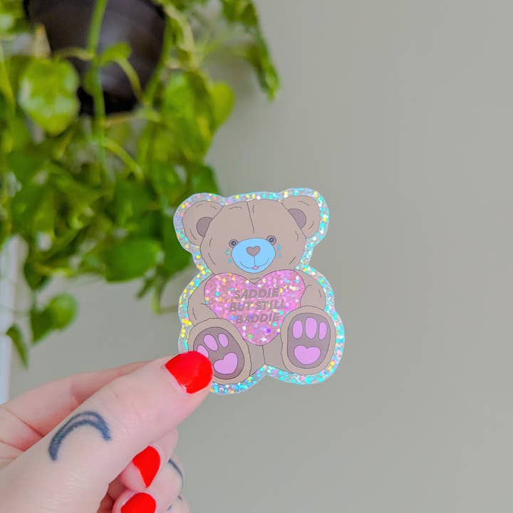 saddie/baddie sticker | teddy bear sticker | glitter holographic sticker for wholesale by allymakesmagic