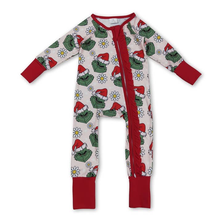 Floral green face Christmas hat baby girls zipper romper for wholesale by Yawoo Garments