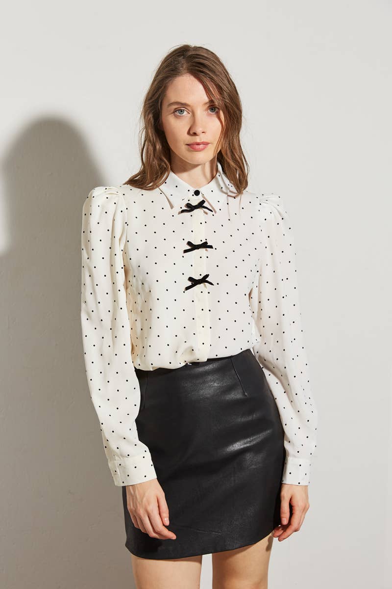 ELLI WHITE - Wholesale Button Down Shirt - Women's - Polka dot shirt with decorative bows0