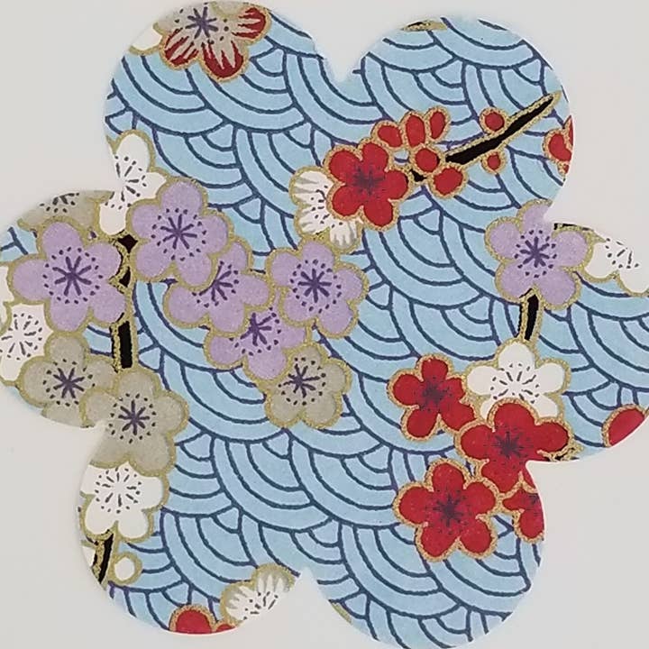 027 Plum Blossoms on Blue Seigaiha Chiyogami for wholesale by Sweet Space Studio