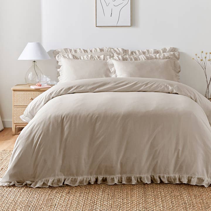 Cassia Frill Duvet Cover Set by Appletree Loft in Natural for wholesale by UW Home