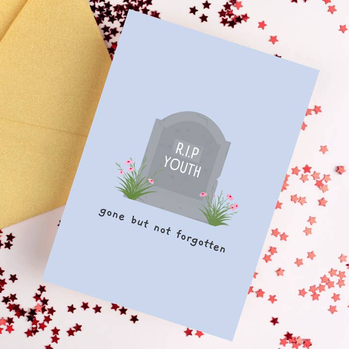 'R.I.P Youth' A6 Birthday Greetings Card for wholesale by Alaina Creates