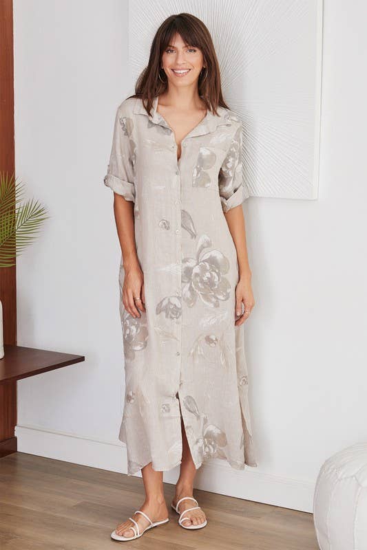 VENTI6 - Wholesale Dress - Women's - BUTTON DOWN LONG TIE DYE LINEN DRESS (5-42-TULIPFLORAL)0