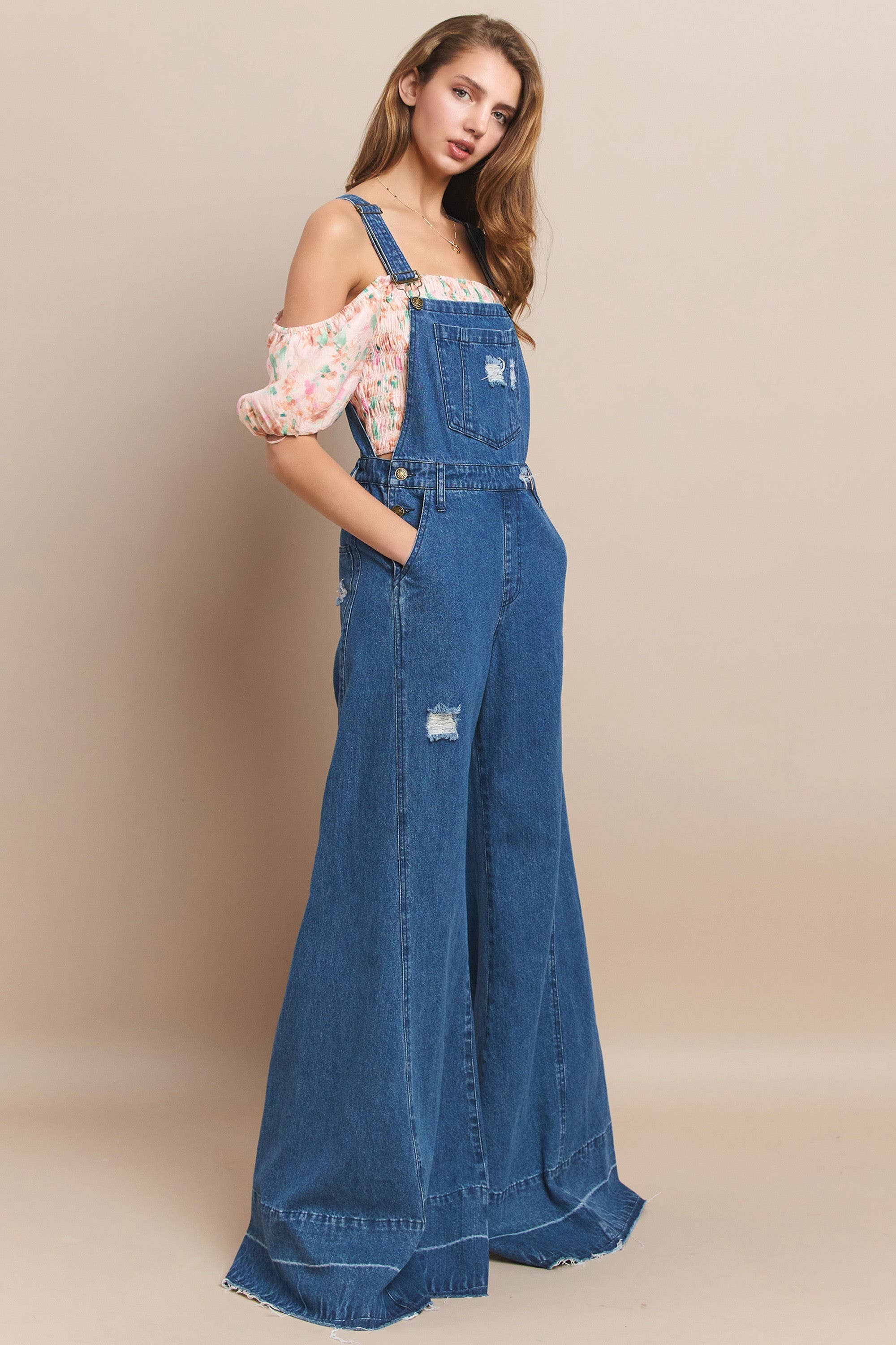 MID DEN WIDE LEG DISTRESSED DENIM OVERALLS 4429RIAMID DENIM for wholesale on Faire1