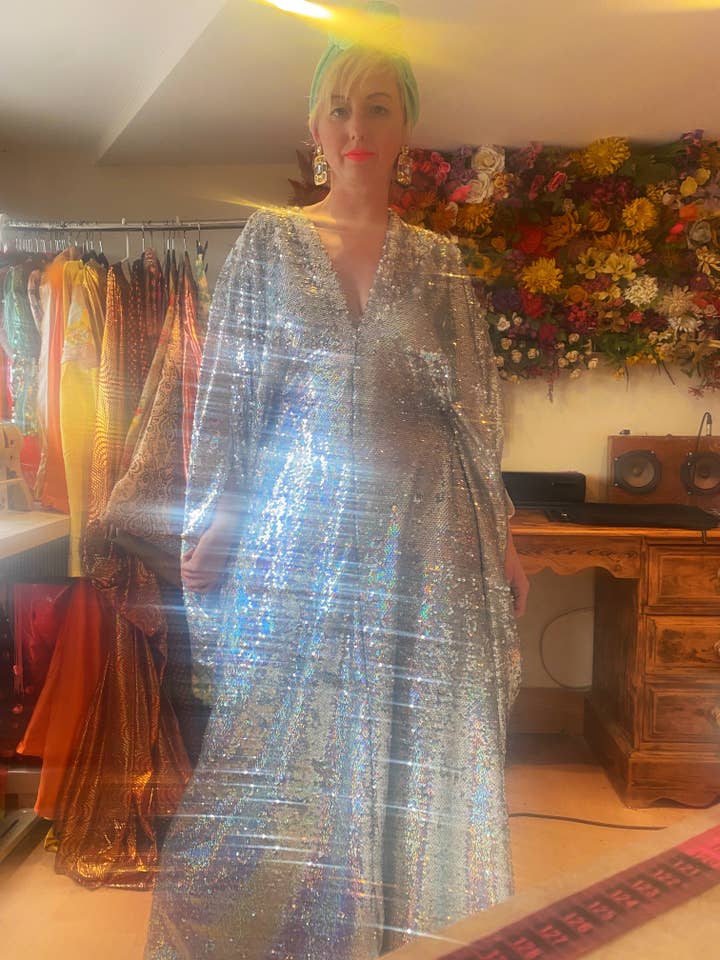 Fumbalinas - Wholesale Kaftan - Women's - Silver Metallic Holographic/ Sequin Kaftan Gown / Dress45