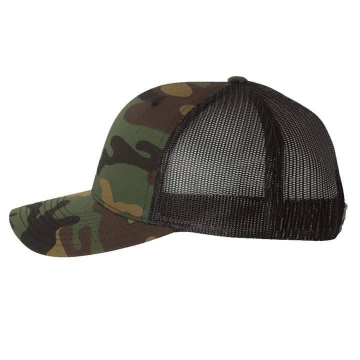Flounder Deco 6 Panel Trucker Snap Back Camo Green Black Hat for wholesale on Faire