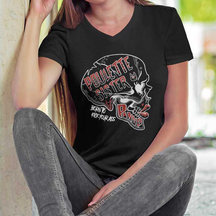 Poulettes Sisters - Wholesale Screen Printed T-Shirt - Women's - Women's V-neck T-shirt "Poulette Skull by Succub" black